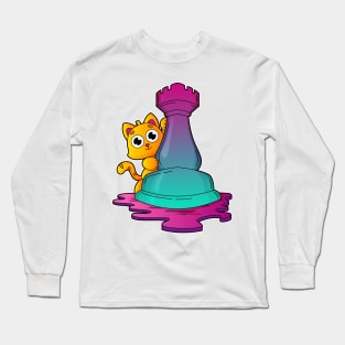 Cat at Chess with Chess piece Rook Long Sleeve T-Shirt